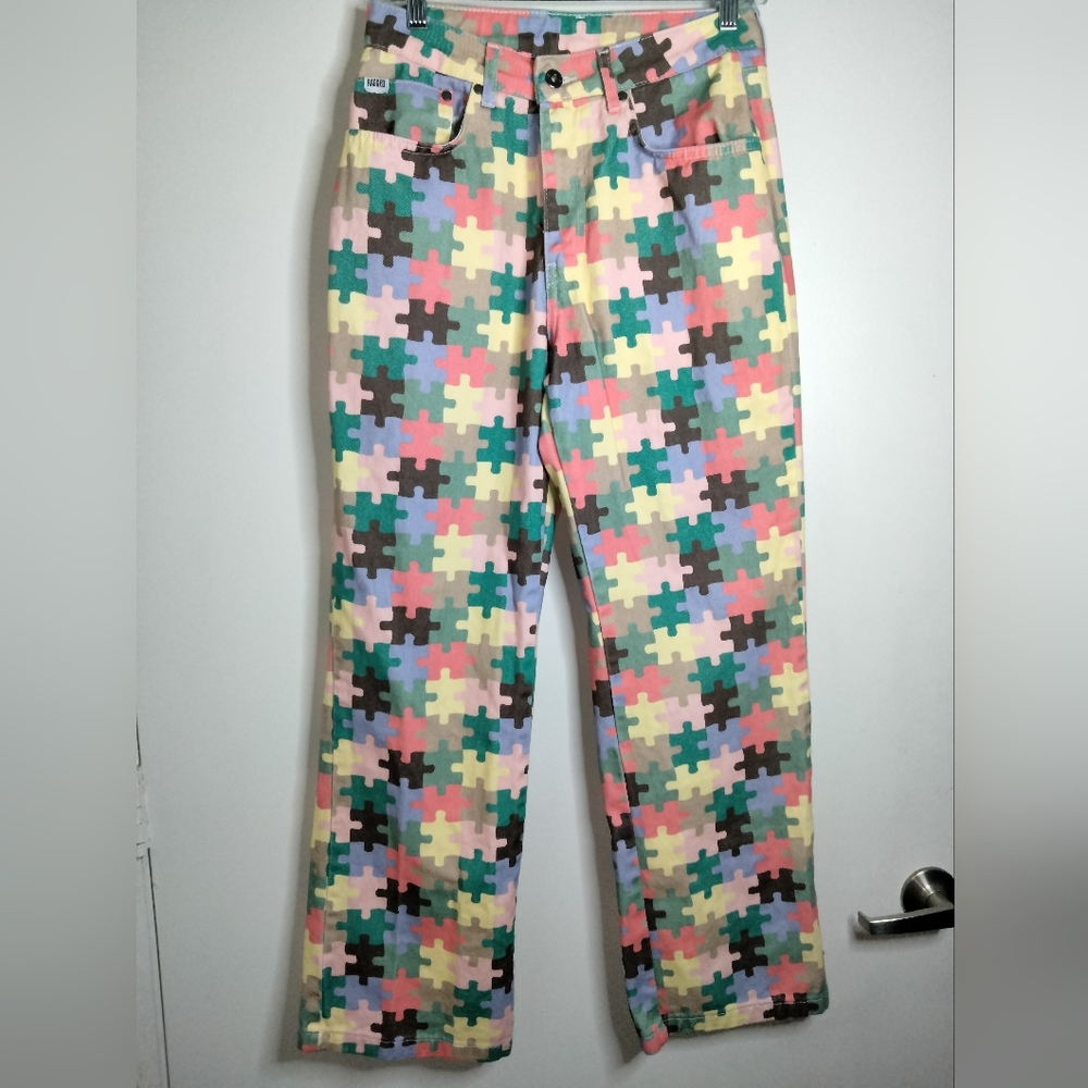 The Ragged Priest (Size 28) Multicolored Cotton Puzzle Piece Pattern Denim Jeans